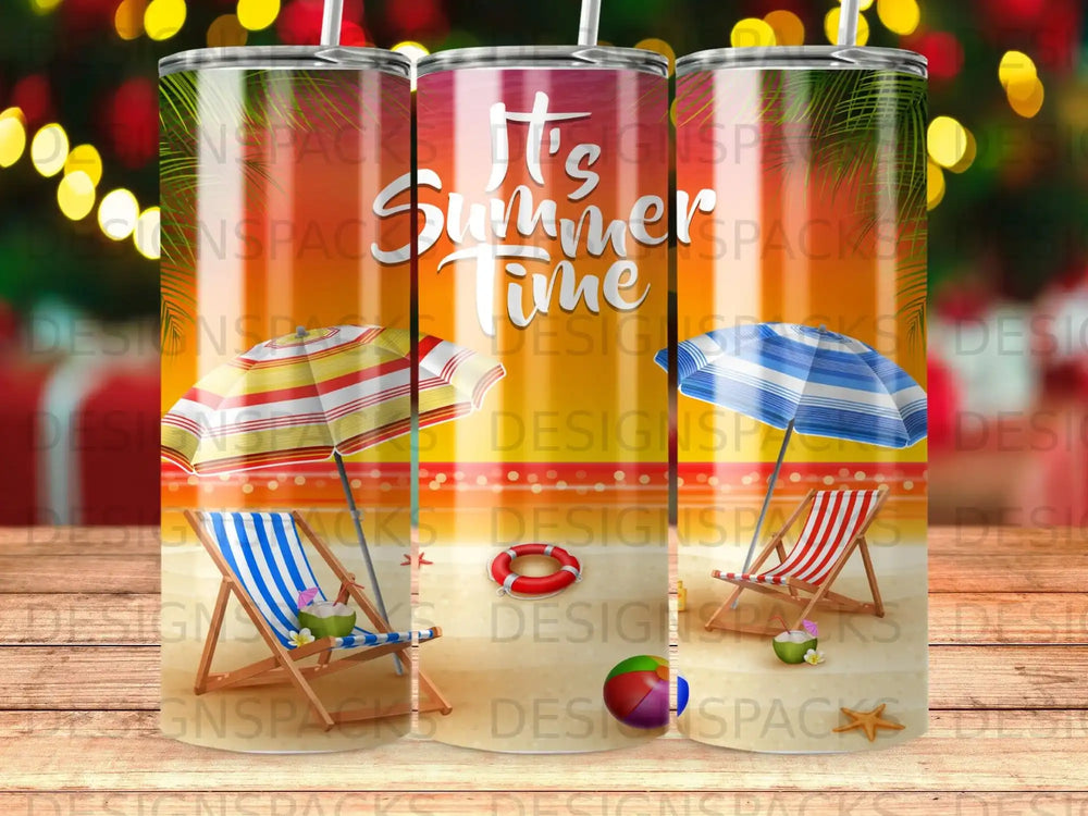 Three tumblers with "It's Summer Time" design, beach chairs, and umbrellas.