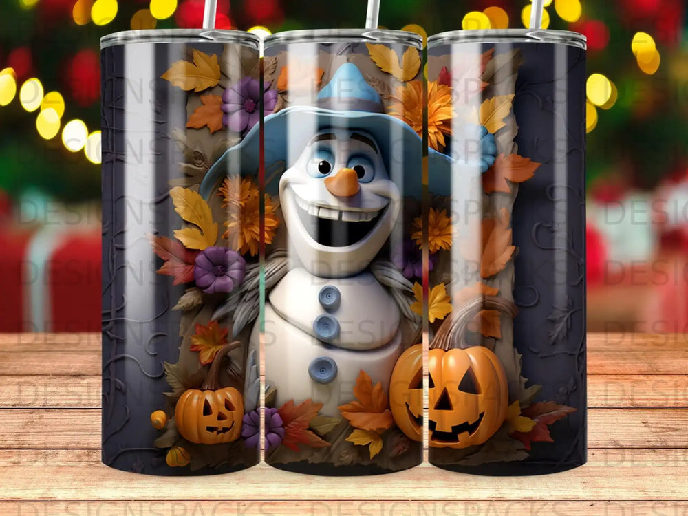 Olaf from Frozen smiles among autumn leaves and pumpkins on a tumbler.