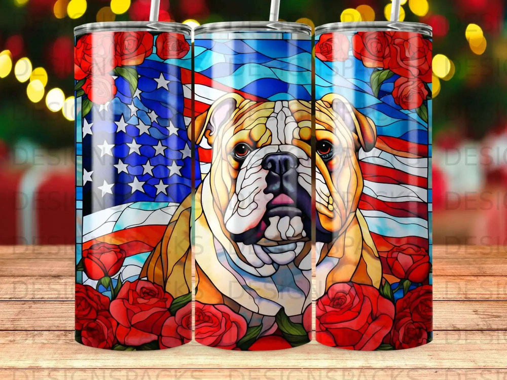 Bulldog portrait against stained glass American flag and red roses.