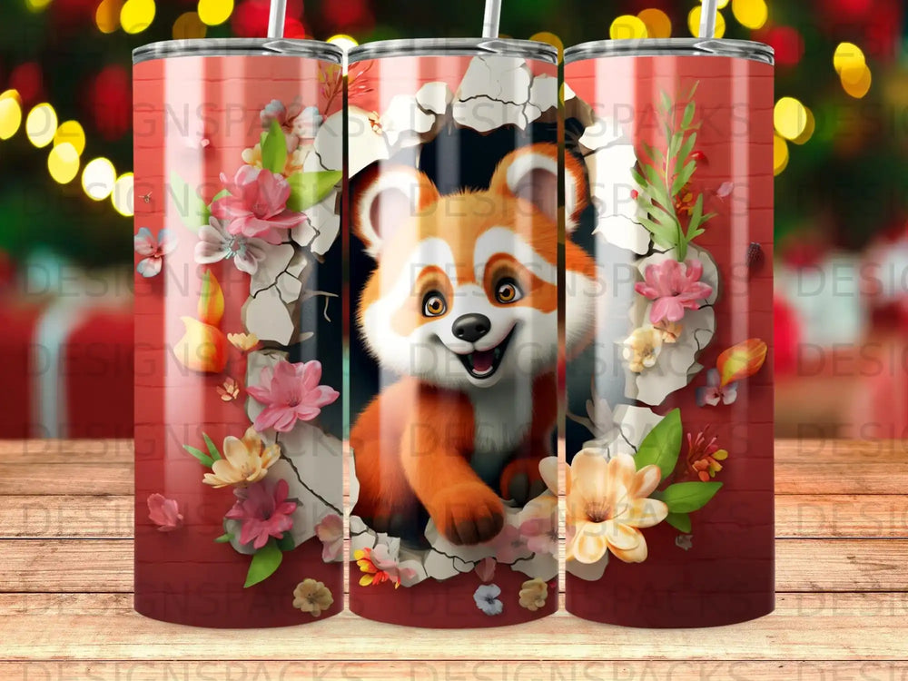 Red panda peeking through a floral archway on a red patterned tumbler.