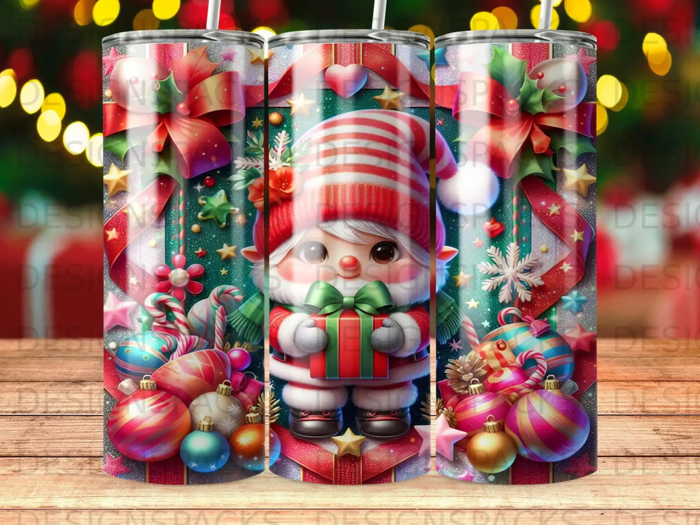 Christmas gnome holding gift with candy canes, ornaments, and stars.
