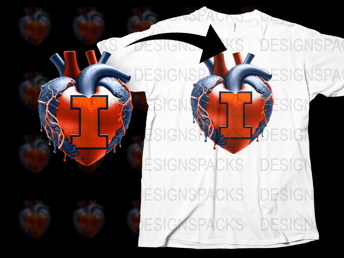 Unique Heart Graphic T-Shirt, Orange Blue Sports Team Logo, Men's Fashion Casual Wear, Trendy Graphic Tee, Athletic Inspired Design