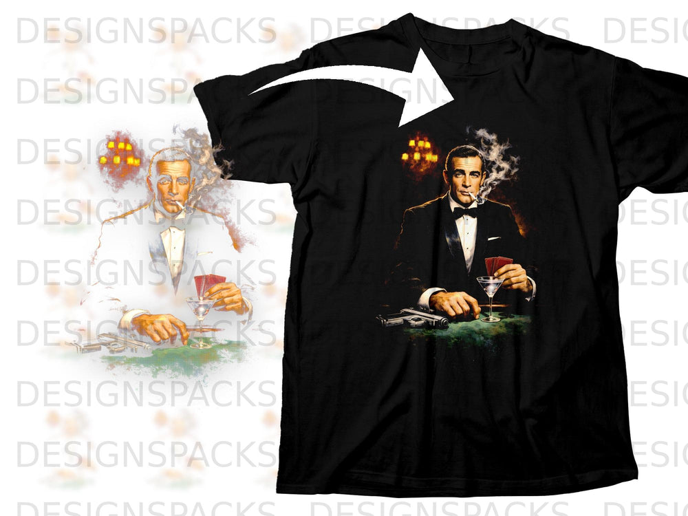 Black t-shirt with a James Bond-esque figure smoking and holding cards.