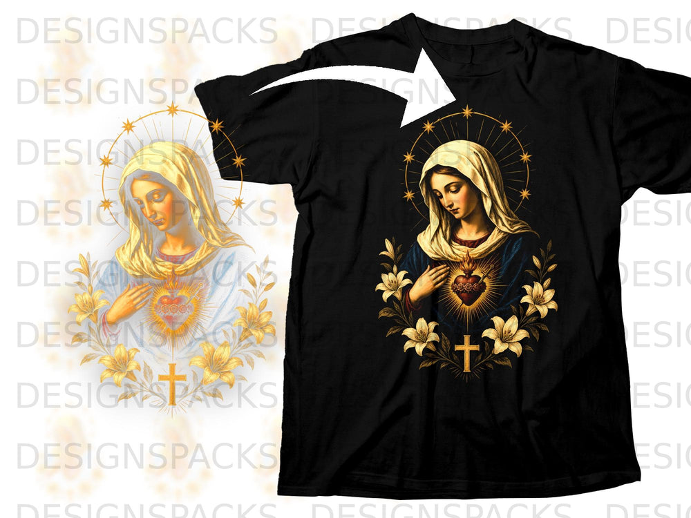 Black t-shirt with Immaculate Heart of Mary design and lilies.