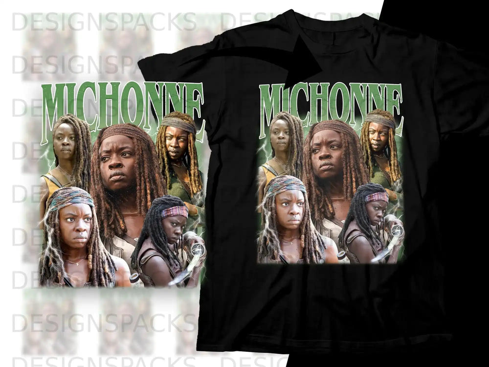 Black t-shirt with Michonne from The Walking Dead graphic.