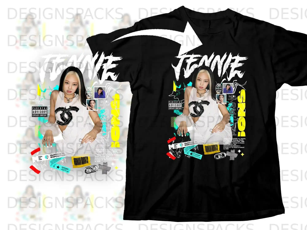 Black t-shirt with Jennie's face, text, and "Parental Advisory" labels.