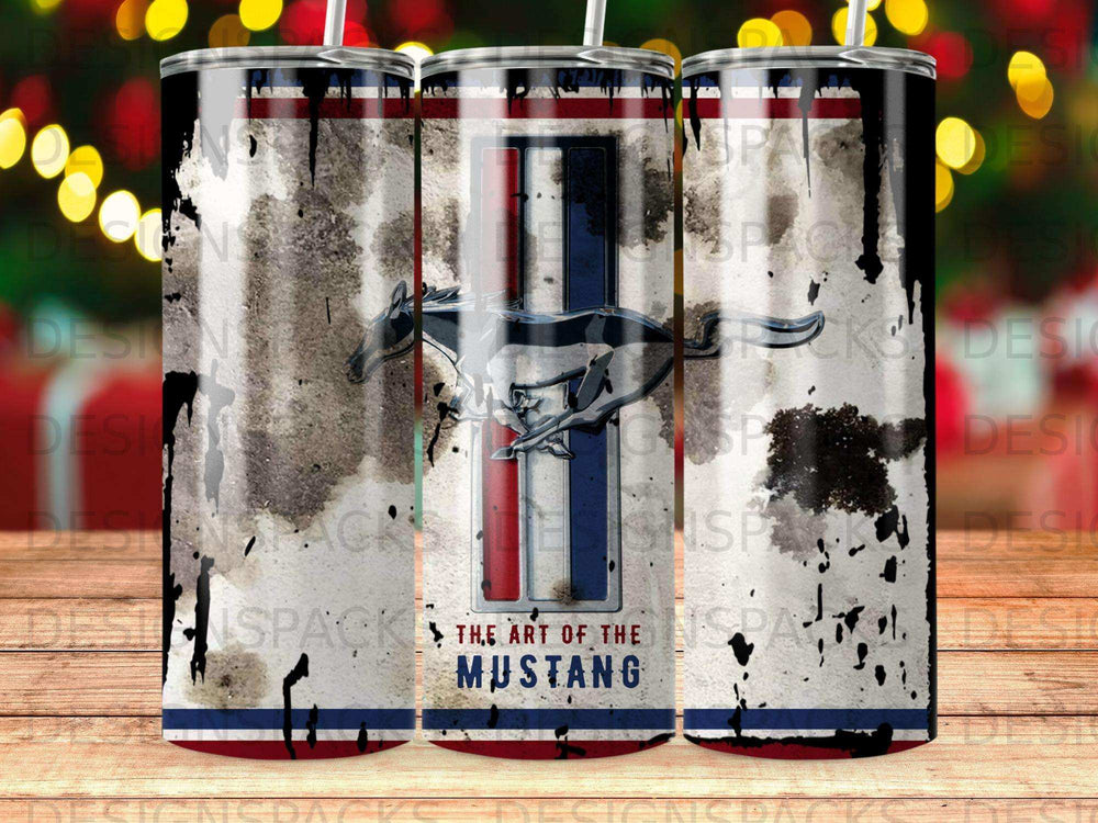 Tumbler with distressed American flag and galloping Mustang logo.