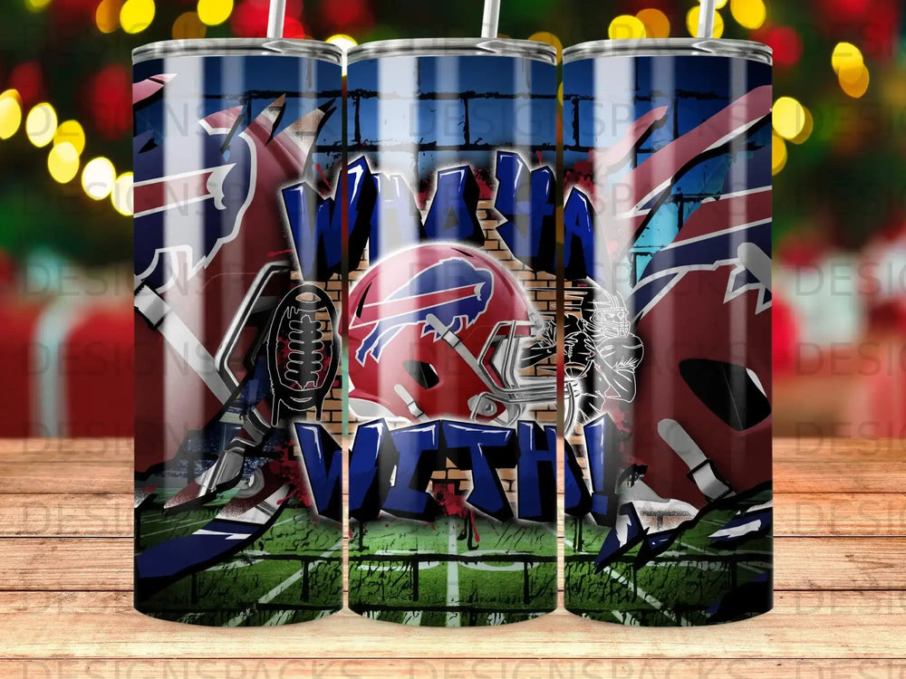 Buffalo Bills logo and "Bills Mafia" text on a blue and red tumbler.