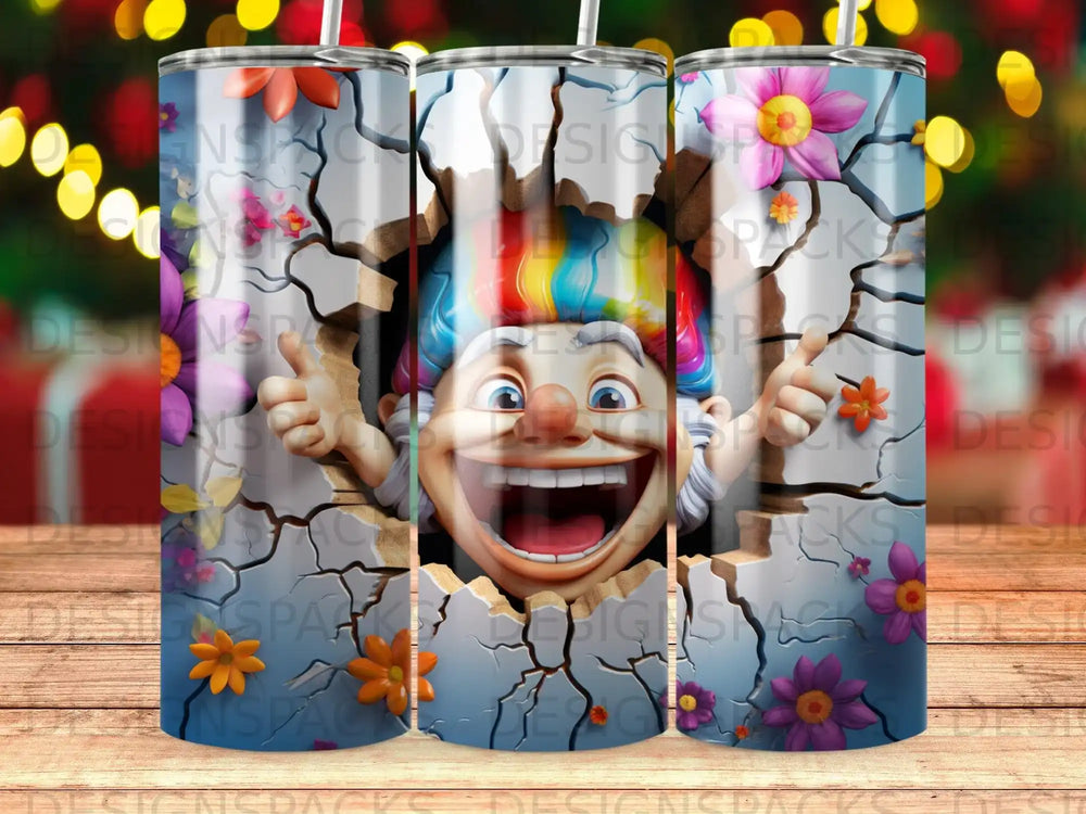 Clown with rainbow hair bursting through cracked wall, giving thumbs up.