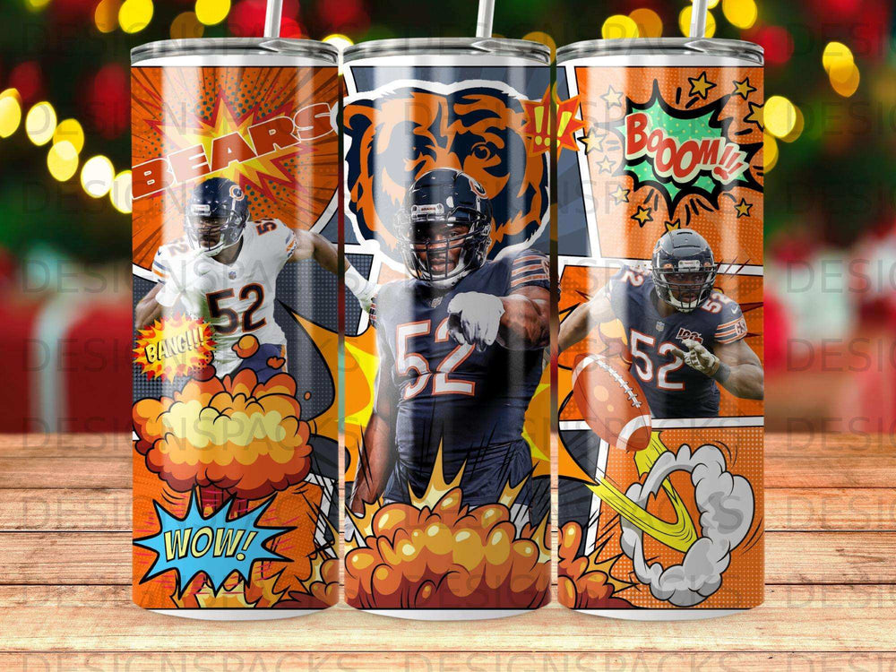 Chicago Bears football players in action with "Boom!" and "Bang!" comic book sound effects.