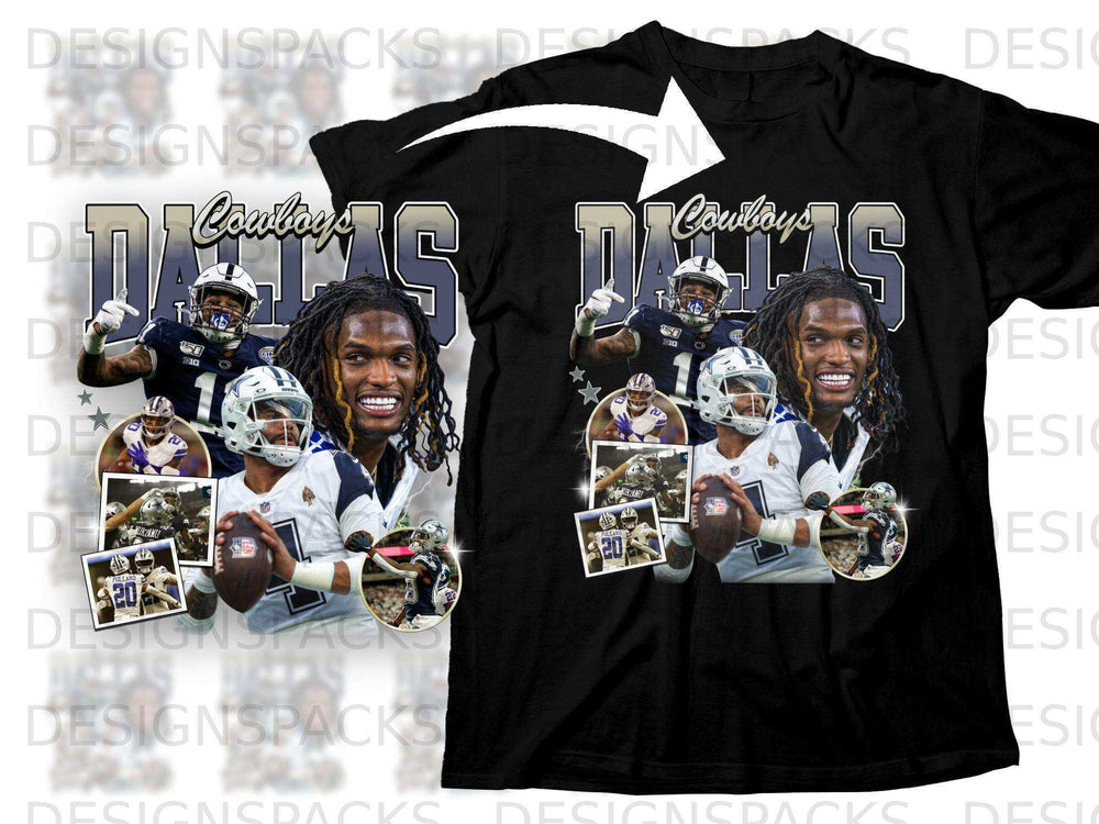 Dallas Cowboys players CeeDee Lamb and Tony Pollard on a black t-shirt.