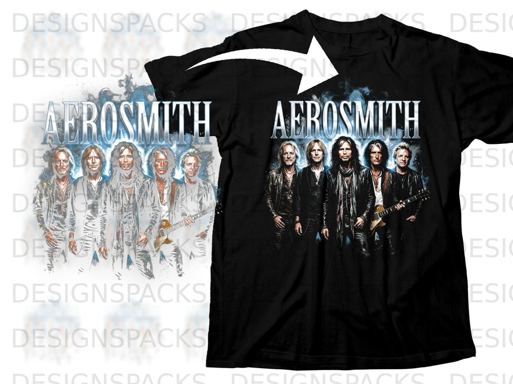 Black t-shirt featuring the band Aerosmith with band members and logo.