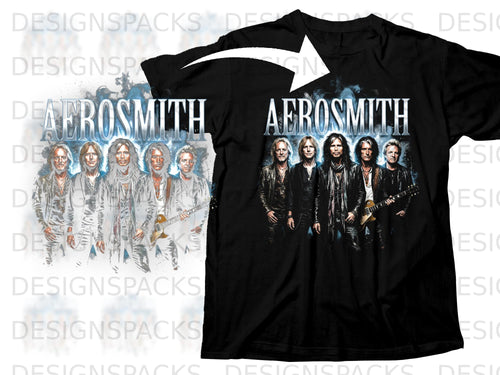 Black t-shirt featuring the band Aerosmith with band members and logo.