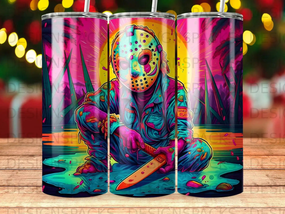 Jason Voorhees crouching with machete, pink and yellow sunset background.