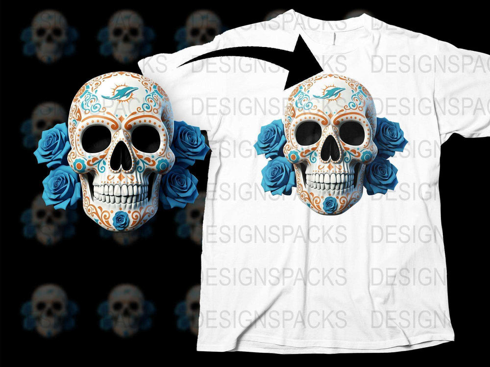 Day of the Dead Skull T-Shirt, Floral Sugar Skull, White Tee with Blue Roses Design, Unisex Fashion Shirt