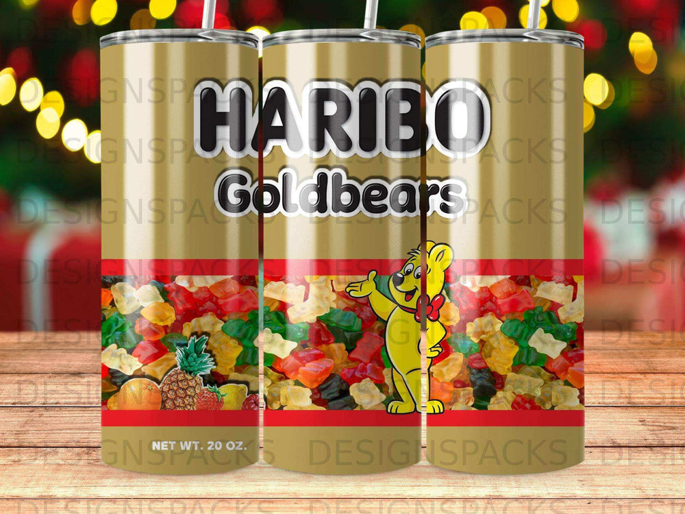 Haribo Goldbears scattered with pineapple and the text "Haribo Goldbears" and "Net Wt. 20 oz."