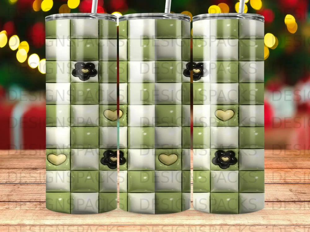 Tumbling tumbler with a green checkered pattern and scattered heart and flower icons.