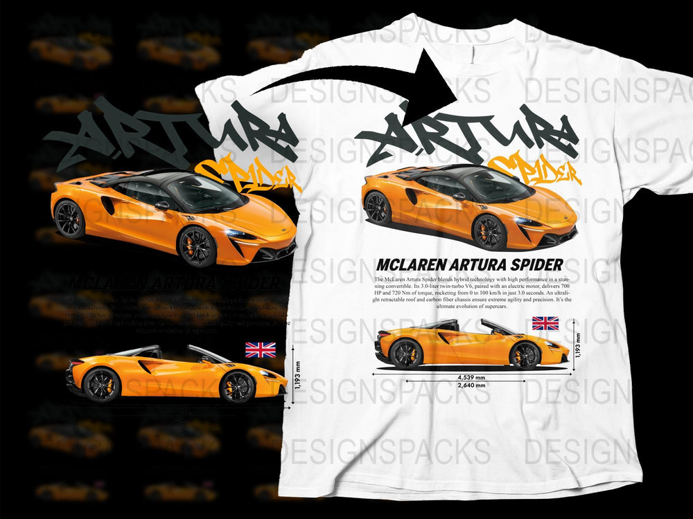 McLaren Artura Spider Graphic T-Shirt, Car Enthusiast Tee, British Supercar, Racing Apparel, Men's White Cotton Shirt, Automotive Gift
