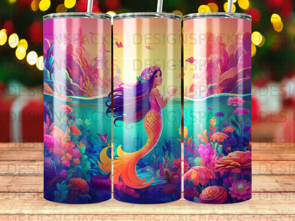 Mermaid with purple hair and orange tail surrounded by vibrant coral.