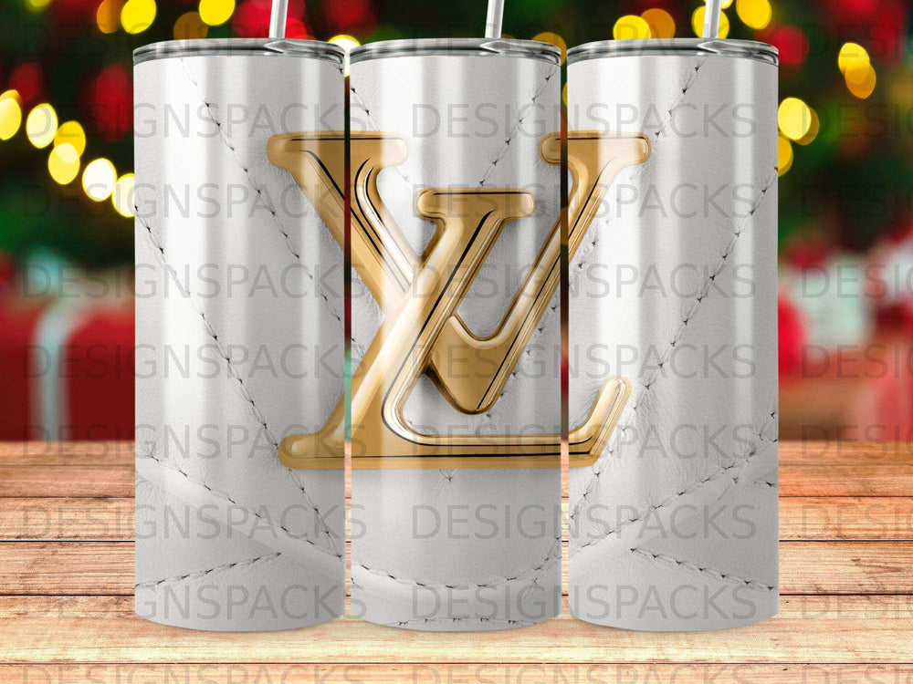 White tumbler with a gold LV logo and a stitched pattern.