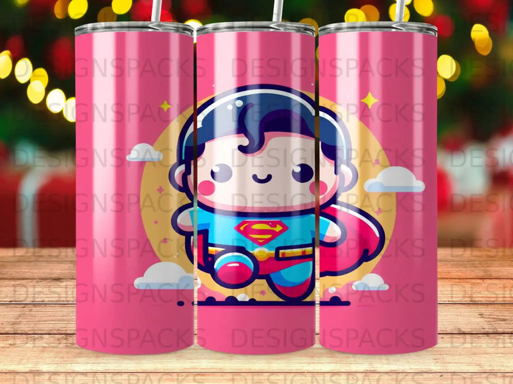 Cute cartoon Superman character with cape on pink background.