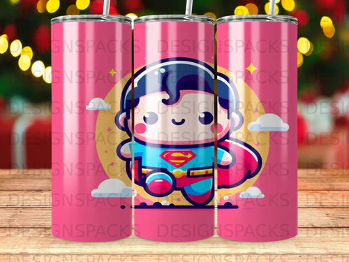 Cute cartoon Superman character with cape on pink background.