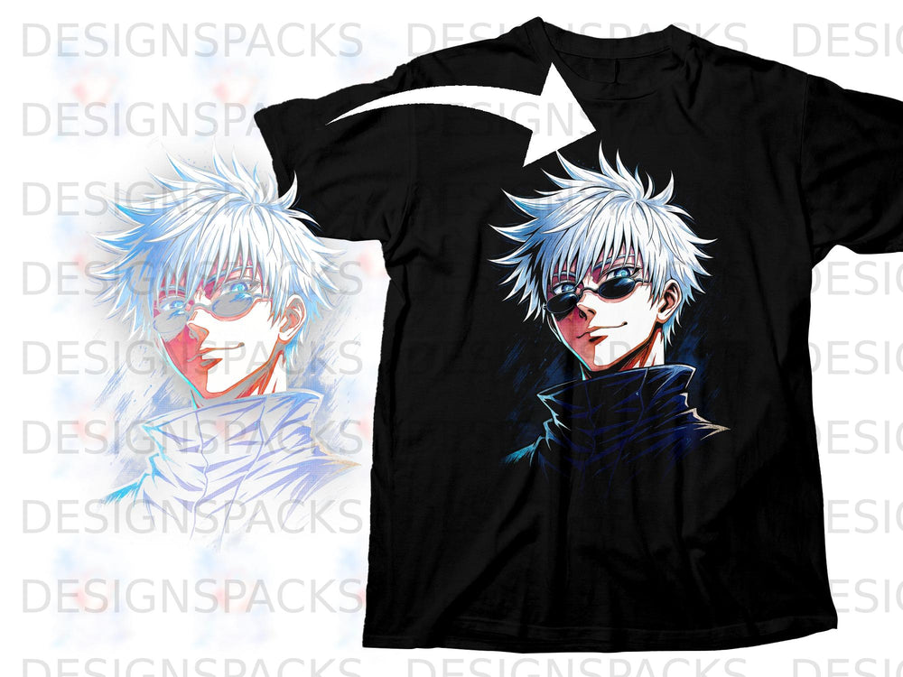 Black t-shirt with anime character illustration of Gojo Satoru with white hair and sunglasses.