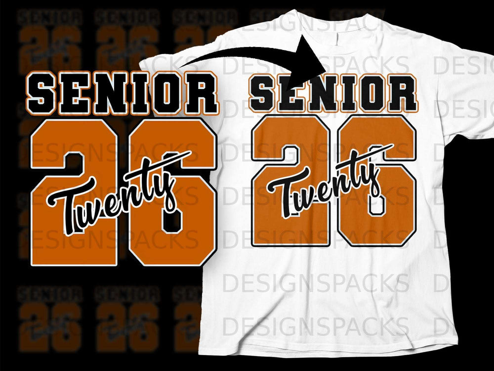 "Senior 26" design with "Twenty" on a white t-shirt.