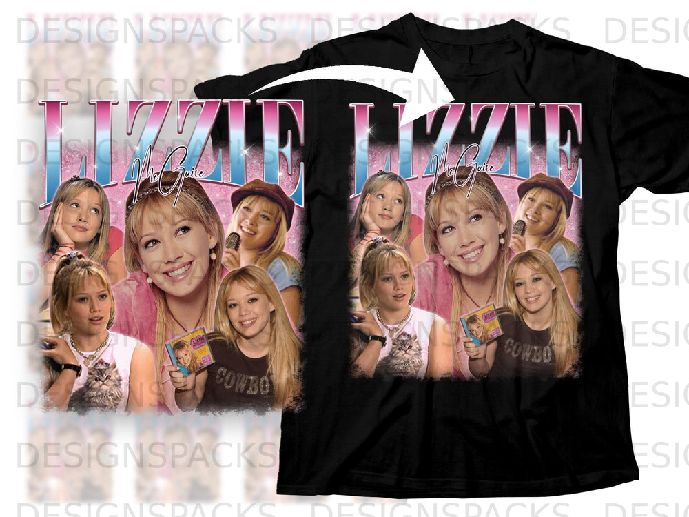 Lizzie McGuire collage with the text "LIZZIE" in large, sparkly letters.