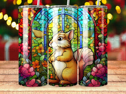 Squirrel in stained glass window with floral motifs.