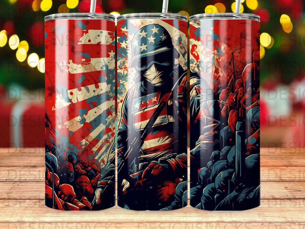 Soldier with American flag background, patriotic design on tumblers.