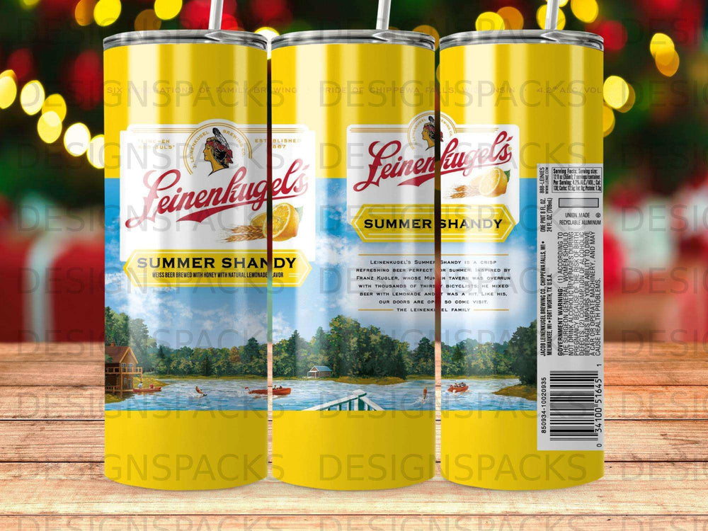 Leinenkugel's Summer Shandy beer can with a lake scene and text.