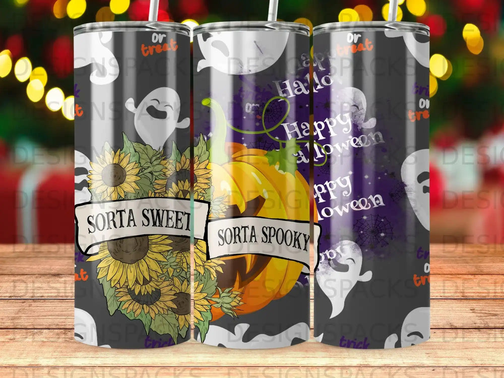 Halloween tumbler with sunflowers, pumpkin, and ghosts, reading "Sorta Sweet" and "Sorta Spooky."