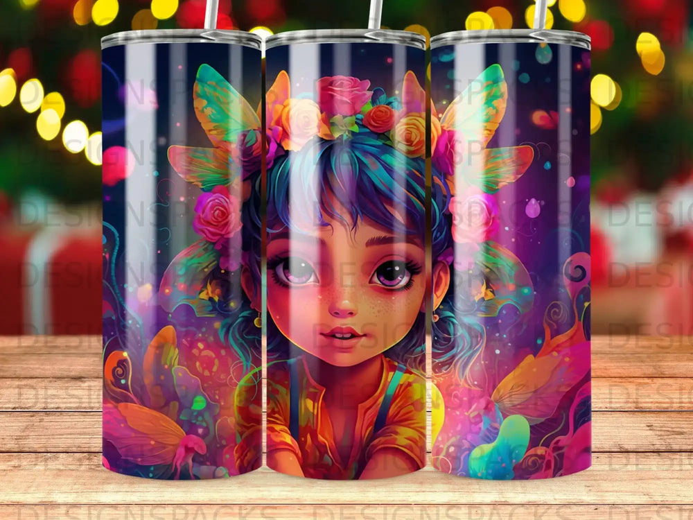 Whimsical cartoon girl with colorful wings and floral crown on a tumbler.