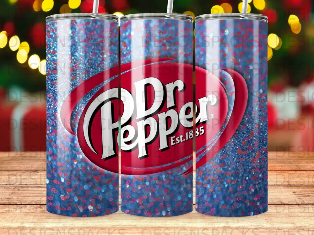 Dr Pepper logo on a sparkly blue and red tumbler with "Est. 1835" text.