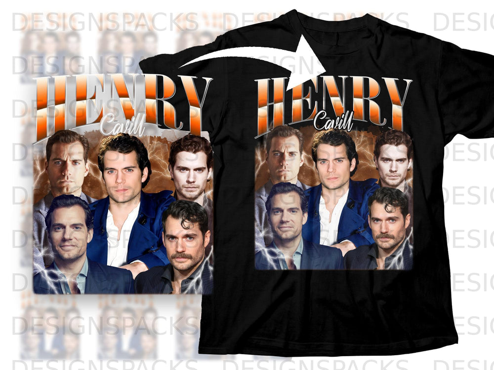 Collage of Henry Cavill portraits with "HENRY" text on a black t-shirt.