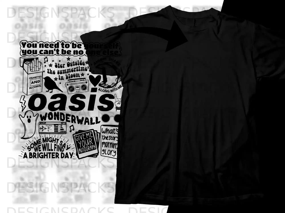 Black t-shirt featuring Oasis album art and lyrics.