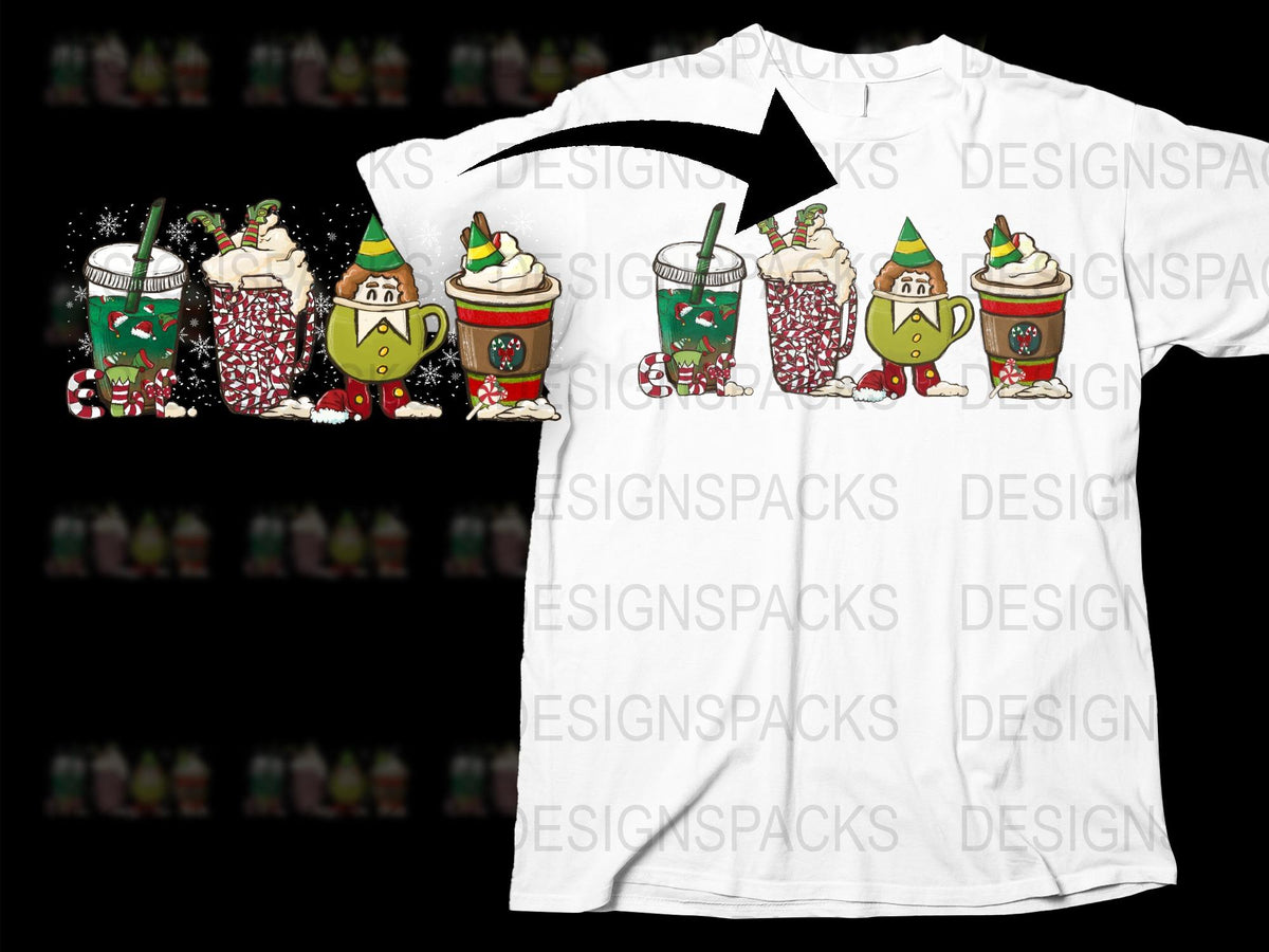 Festive Holiday T-Shirt with Cute Christmas Coffee Cup Characters Print, Unisex Casual White Tee