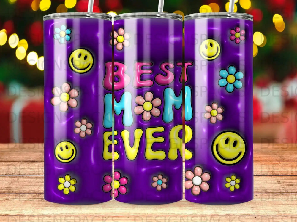 Tumbler with "BEST MOM EVER" in colorful lettering and smiley flowers.