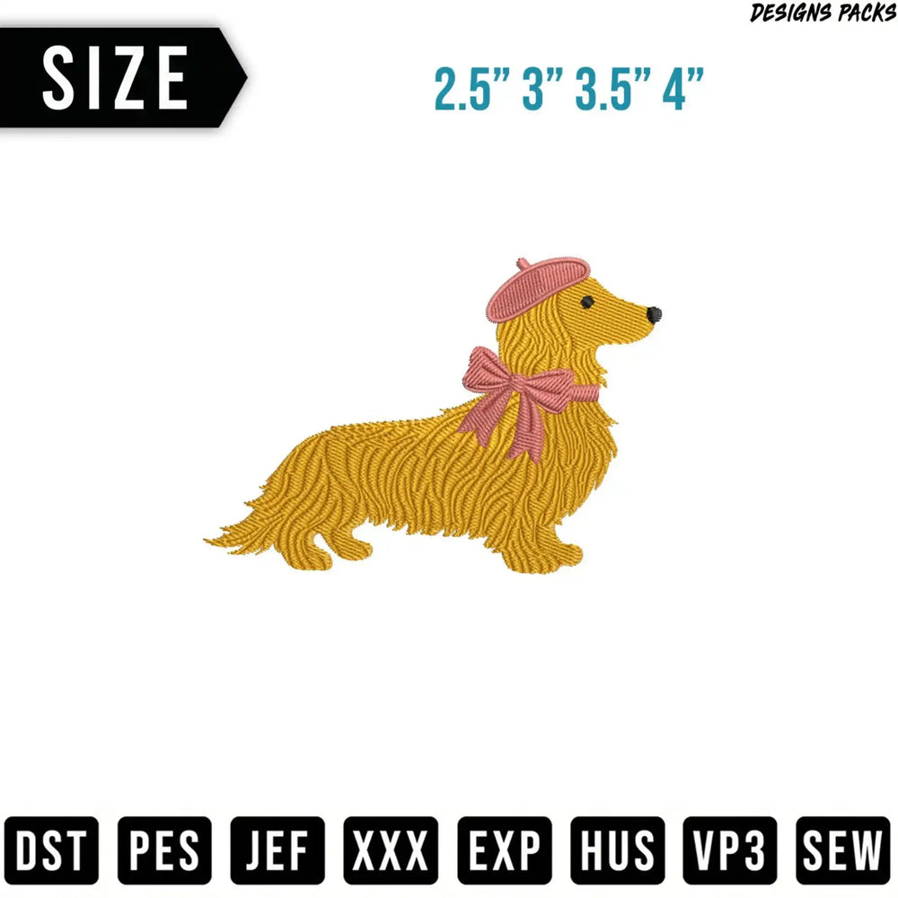 Embroidered long-haired dachshund with pink bow and beret, size options listed.