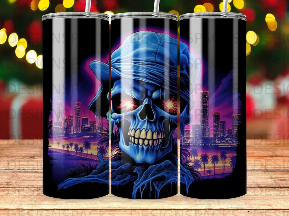 Blue skull with glowing red eyes wearing a hat against a city skyline.