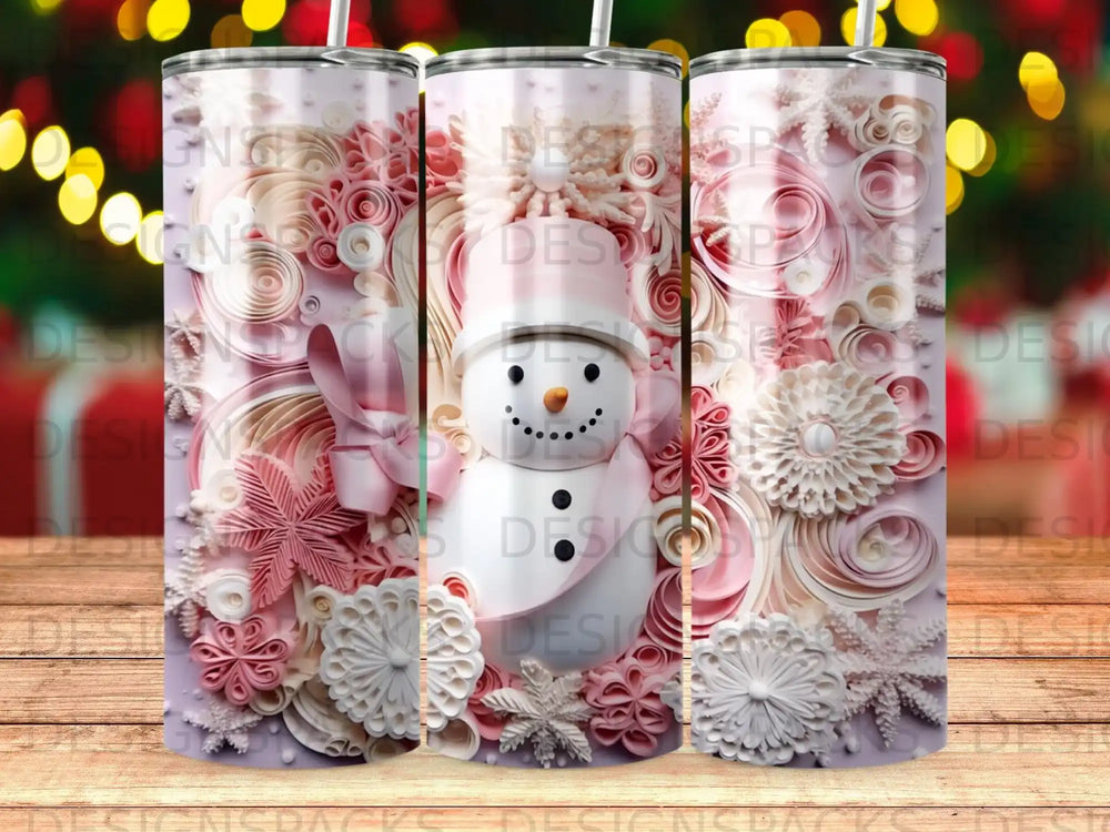 Snowman with pink bow and snowflakes, detailed floral design.