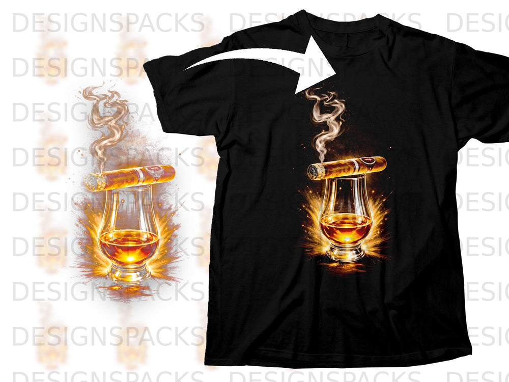Black t-shirt with graphic of cigar and whiskey glass with smoke and fire.