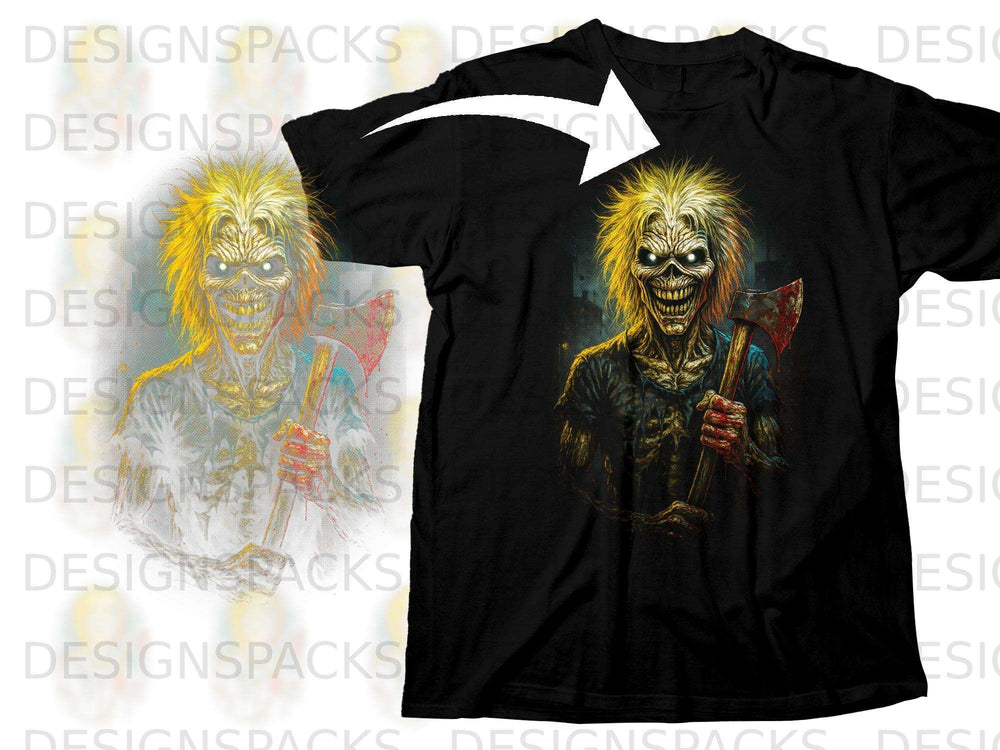 Black t-shirt with a graphic of Eddie from Iron Maiden holding an axe.