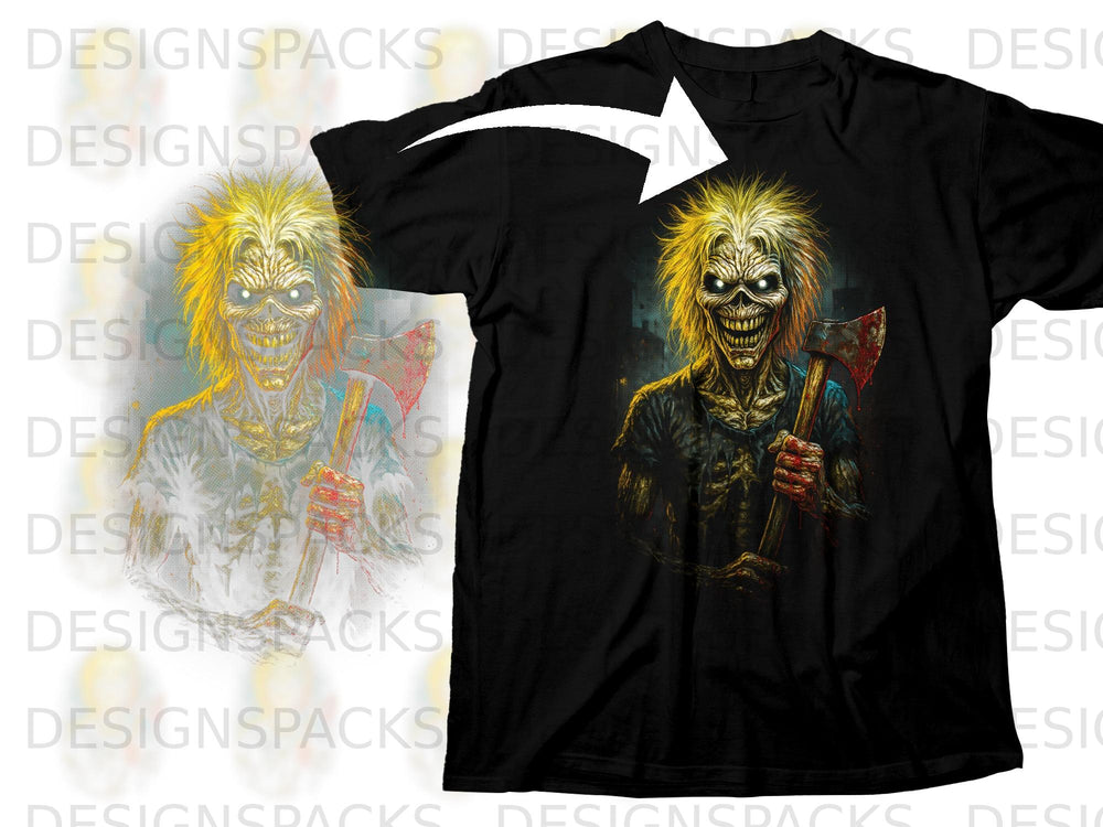Black t-shirt with a graphic of Eddie from Iron Maiden holding an axe.
