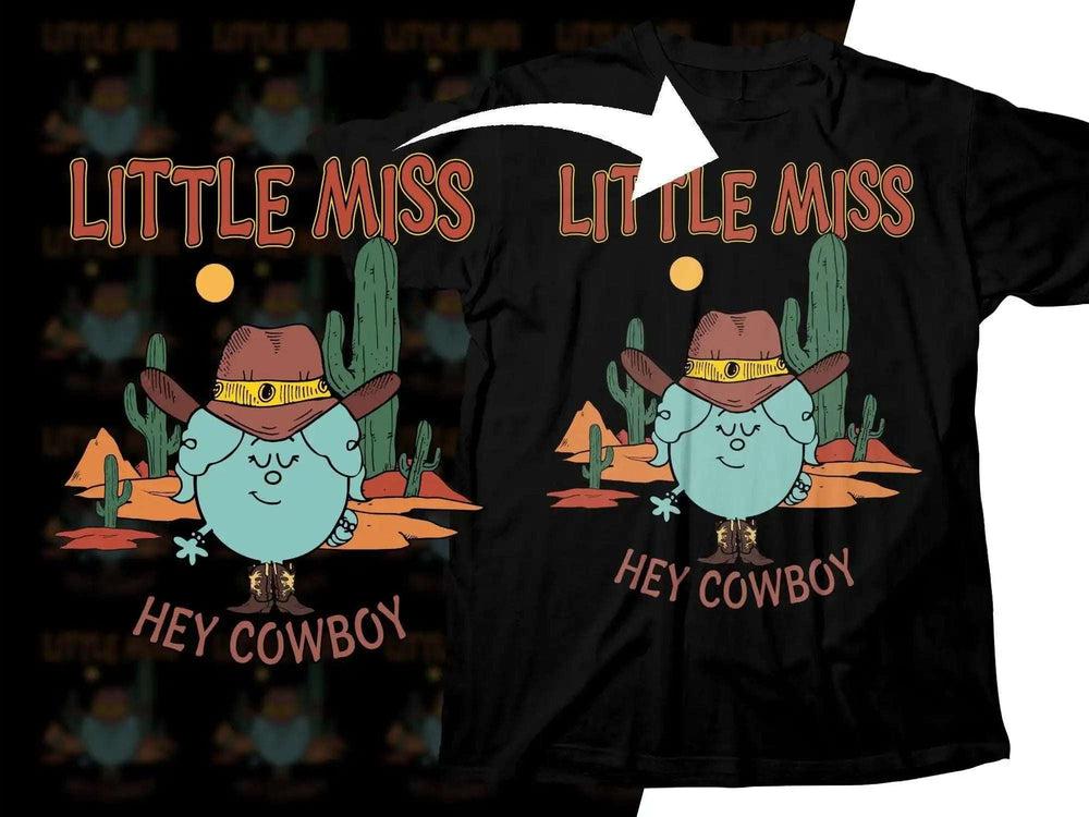 Little Miss Hey Cowboy t-shirt design with desert cactus scene, print-ready for DTG/DTF