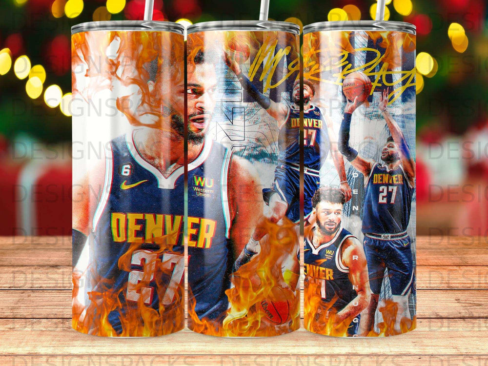 Denver Nuggets basketball player Jamal Murray on a tumbler with flames.