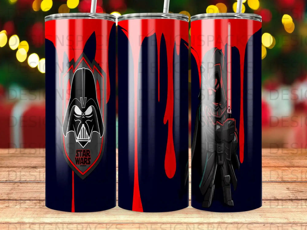 Darth Vader helmet and full body with red drip pattern on navy blue tumbler.