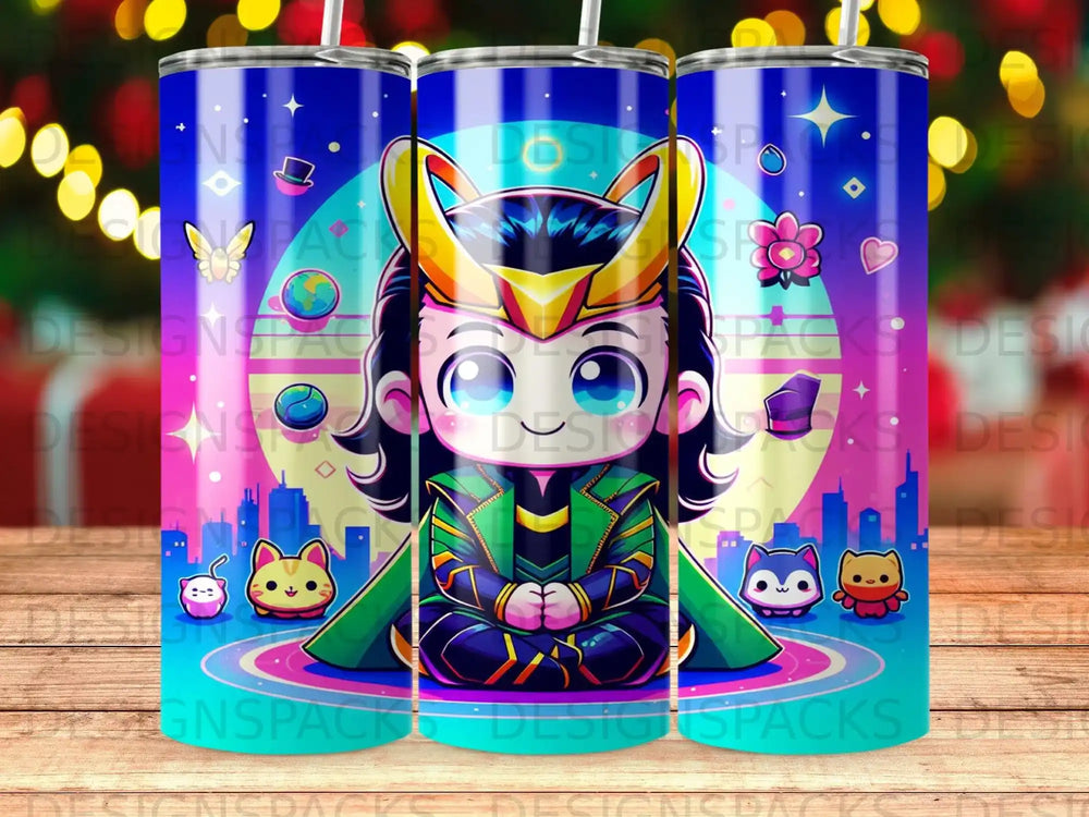 Chibi Loki sitting in lotus pose with colorful, cartoon cats and hearts.
