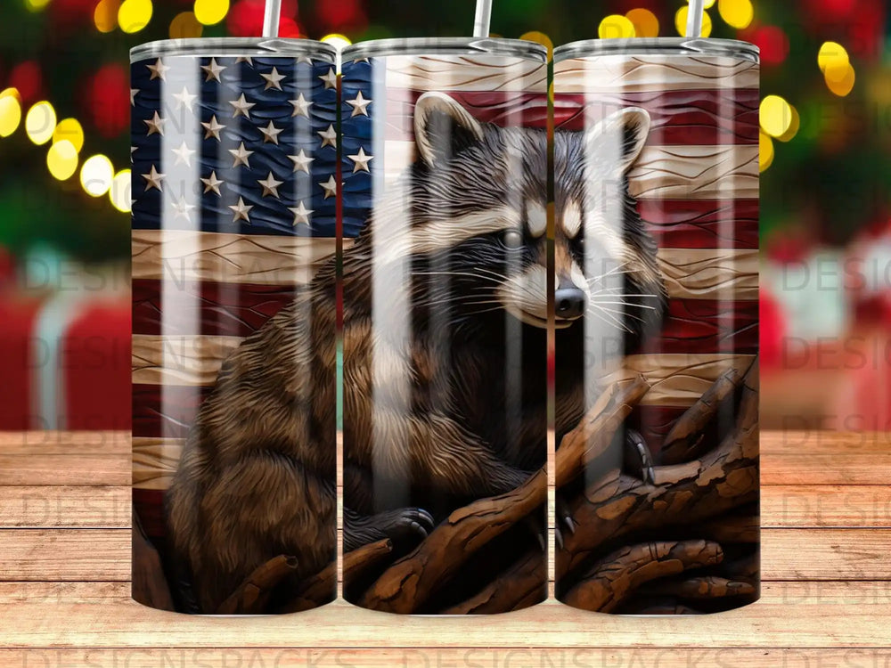 Raccoon against American flag background with wooden branches.